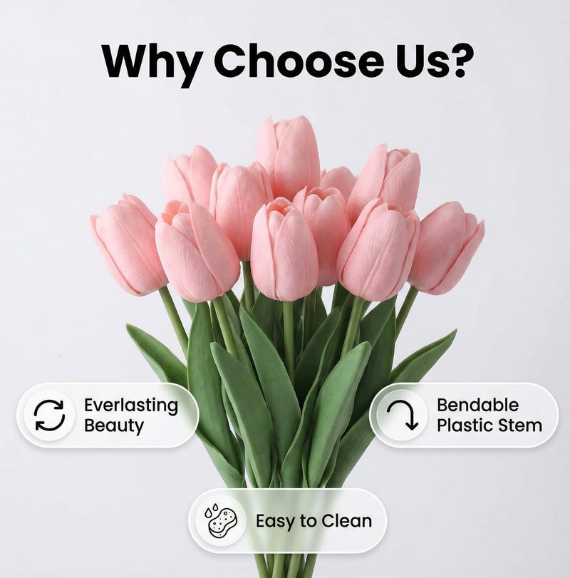 12 PCS Pink Artificial Tulip Flowers - Real Touch Fake Tulips for Home Wedding Party Decor - Image 2